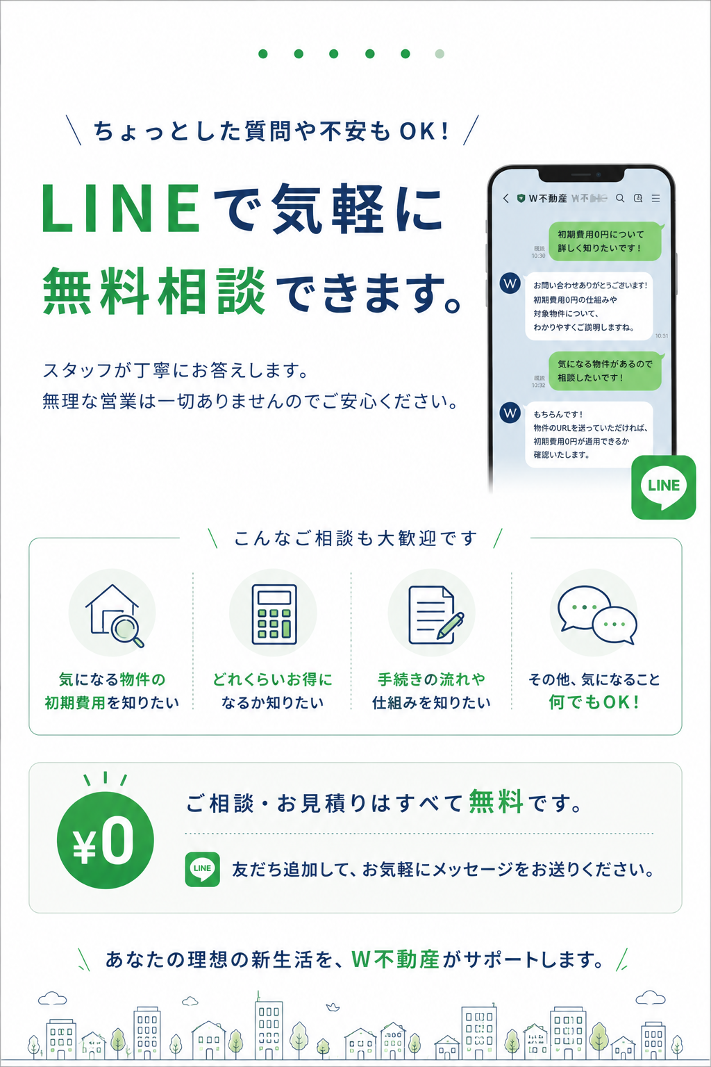 ちょっとした質問や不安もOK。LINEで気軽に無料相談できます。相談、お見積りはすべて無料です。