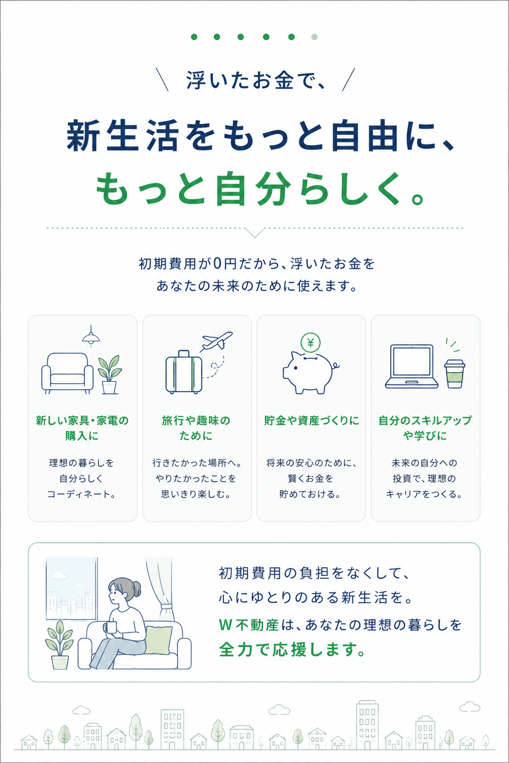 浮いたお金で新生活をもっと自由に、もっと自分らしく。W不動産はあなたの理想の暮らしを全力で応援します。